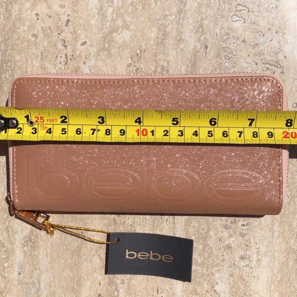BEBE Rose Gold Sparkle Faux Leather Wristlet / Clutch / Wallet 8"x 4" - Picture 7 of 12